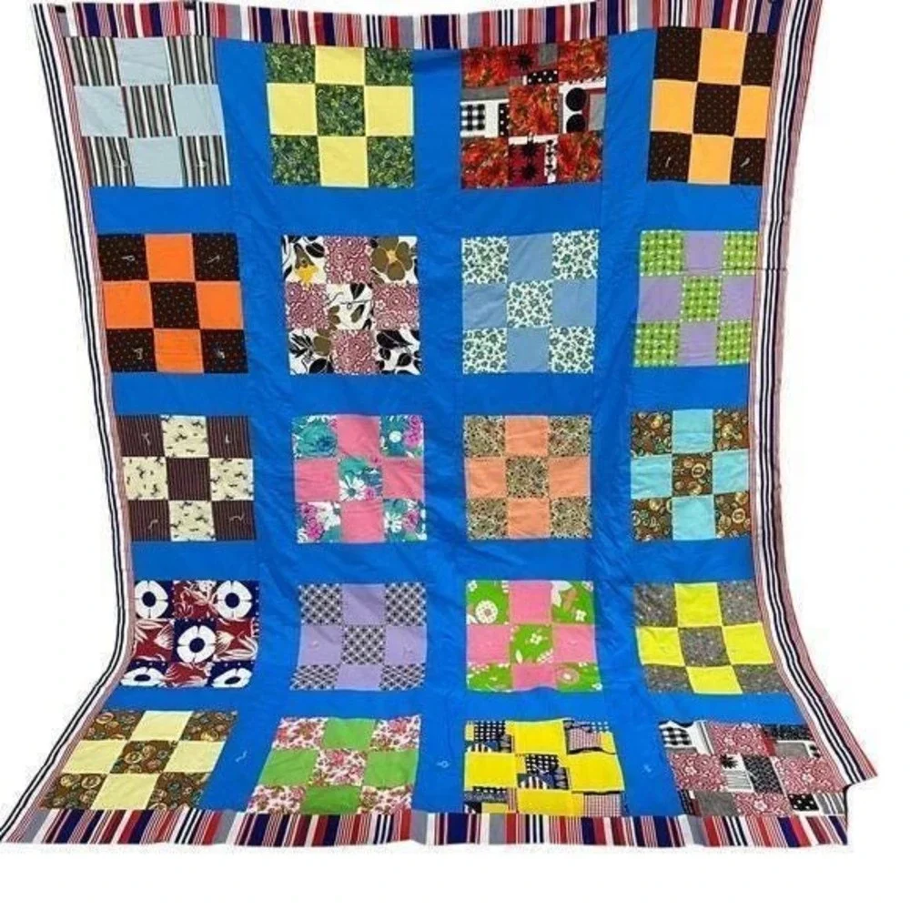 Handmade Patchwork Quilt 86x72 Full Size Colorful‎ Modern Tied Bedspread
